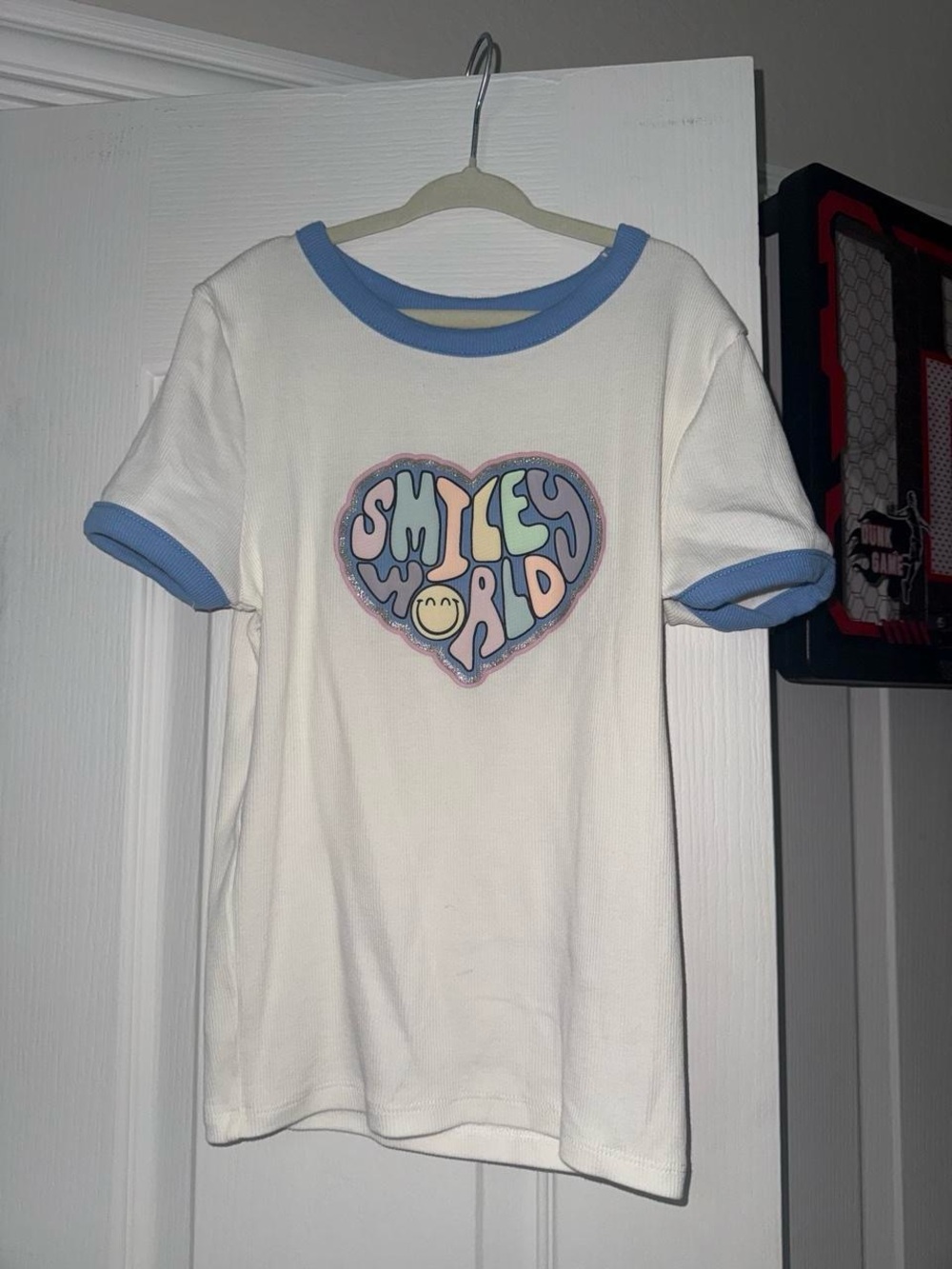 Kids H&M White Tee with Blue Trim and Smiley Heart Graphic